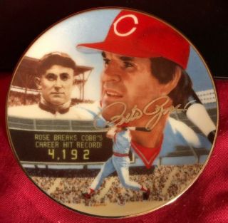 Pete Rose Signed Baseball Plate “rare Gartlan” Ty Cobb In Background Wow