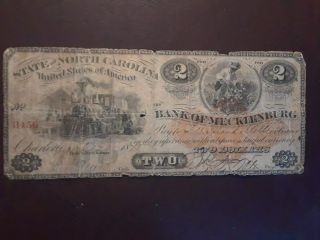 (e - 3206) Extremely Rare 1875 Bank Of Mecklenburg,  Nc $2 Note - Hard To Find