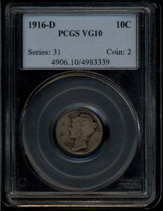 1916 D Mercury Dime Pcgs Graded Vg10 Rare Key Date