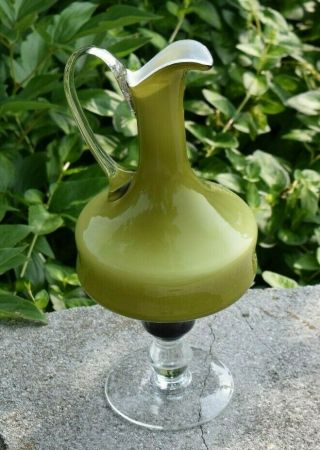 Mid Century Murano Empoli Art Glass Cased Ewer Pitcher Rare Olive Green / White