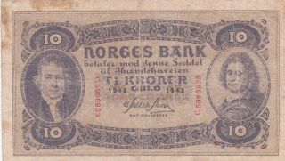 10 Kroner Vg Banknote From German Occupied Norway 1943 Pick - 8 Rare