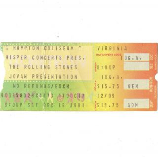 The Rolling Stones Concert Ticket Stub Hampton Va 12/19/81 Tattoo You Tour Rare