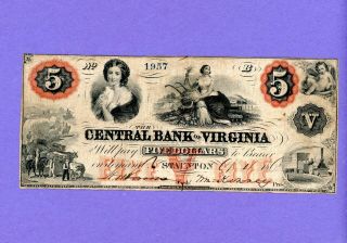 1860 $5 The Central Bank Of Virginia Stanton Rare Higher Grade Note