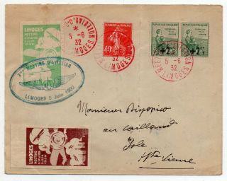 1932 France Limoges Rare Flight Cover,  Cinderellas With Scarce Red Cancels