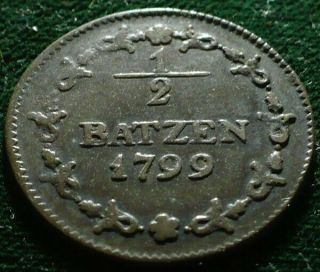 V.  Rare & Grade 1799 Switzerland Helvetian Republic Half Batzen Billon Coin
