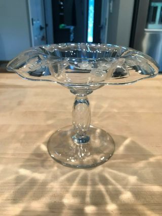Rare Libbey Signed Cut Etched Rolled Scalloped Glass Compote Twist Stem Pretty