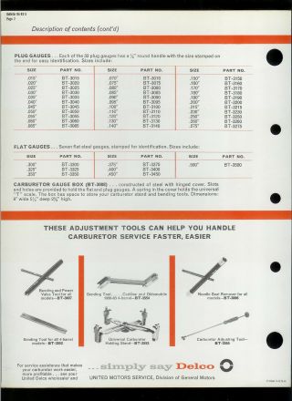 Rare Collectible 1963 Delco Rochester Carburetor Tool Kit Dealer Sheet 2