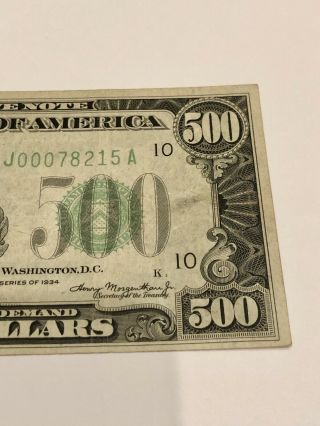 1934 Federal Reserve Note $500 Dollar Bill Kansas City J00078215A - Rare 5