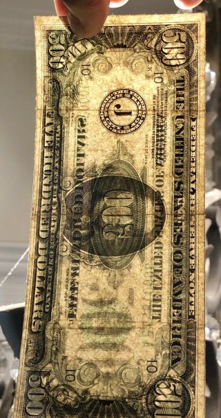 1934 Federal Reserve Note $500 Dollar Bill Kansas City J00078215A - Rare 9