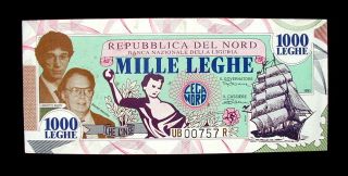 1993 Italy Lega Nord Separatist Movement Rare Banknote 1000 Leghe Unc