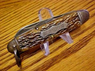 Rare Vintage Camillus Usa M.  D.  - U.  S.  N.  Military 4 Bl.  Bone Handle Pocket Knife