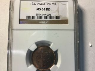 1927 Palestine Mil (1m) - Ngc Ms64 Red Rare Bu Unc Certified Coin