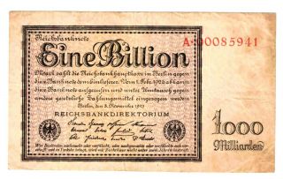 Rare Germany 1.  11.  1923 P 129 1 Billion Mark Note (1000 Million Mark)