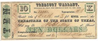 Rare Csa State Of Texas,  $10.  00 Treasury Warrent,  Civil C9,  Act Of Dec 16,  1863