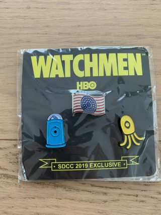 Sdcc 2019 Watchmen Enamel Pins Set Of 3 Exclusive Hbo Rare Yesterdays