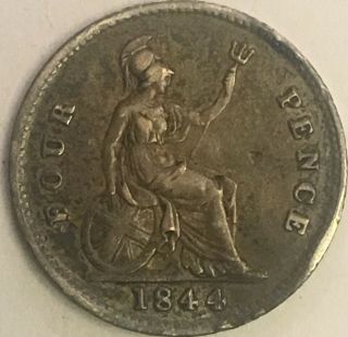 1844 Gb 4 Pence Sterling Silver Rare Coin Groat Queen Victoria $1
