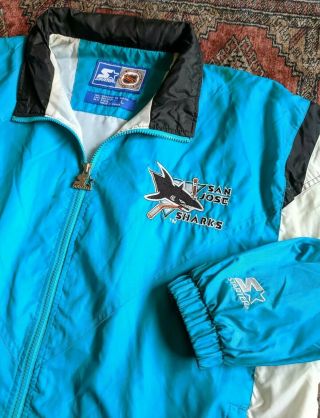 Rare Vintage 90s Nhl San Jose Sharks Hockey Starter Jacket Mens L Hidden Hood
