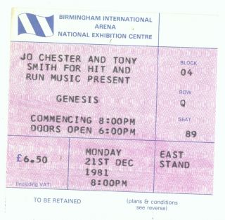 Rare Genesis 12/21/81 Birmingham England Nec Arena Concert Ticket Stub