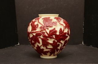 Rare Consolidated Martele Pinecone Large Art Deco Satin Milk Glass Vase Painted