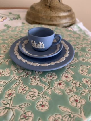 Wedgwood Miniature Mini Blue Jasperware Tea Cup Trio Rare Discontinued