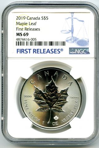 2019 $5 Canada 1 Oz Silver Maple Leaf Ngc Ms69 Rare First Releases Blue Label