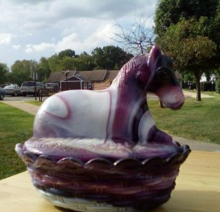 Westmoreland Horse on a Nest End of Day Slag Glass Rare Purple White 3