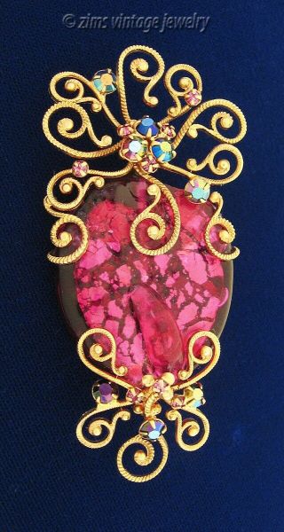 Rare Mimi Di N Signed Modernist Gold Wire Pink Art Glass Rhinestone Pin Brooch