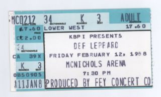 Rare Def Leppard & Tesla 2/12/88 Denver Co Mcnichols Arena Ticket Stub