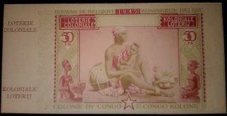 Rare Multi - Color 1945 Uncirc Belgian Congo 50 Franc Lottery Note Cv $200 6 " Wide