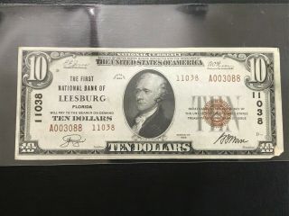 $10 1929 First National Bank Of Leesburg,  Florida Ch 11038 Very Rare Note