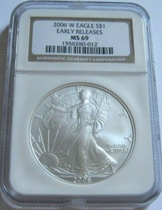 2006 - W Ngc Ms69 Early Releases Burnished American Silver Eagle Rare Brown Label