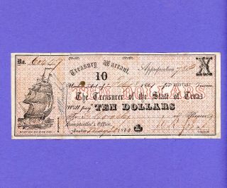 1862 $10.  00 Texas Treasury Warrant Rare Hand Signed Civil War Higher Grade Note