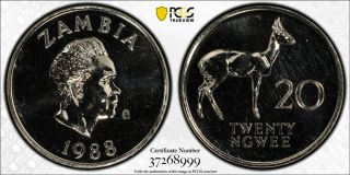 1988 Zambia 20 Ngwee Pcgs Pr64 - Extremely Rare Kings Norton Proof