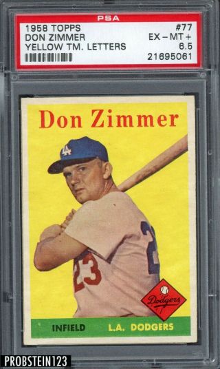 1958 Topps 77 Don Zimmer Dodgers Rare Yellow Name Letters Psa 6.  5 Ex - Mt,