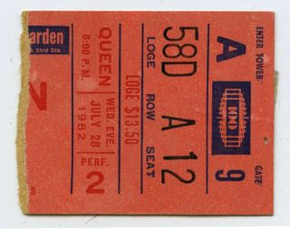 Queen 1982 Concert Ticket Stub - Rare