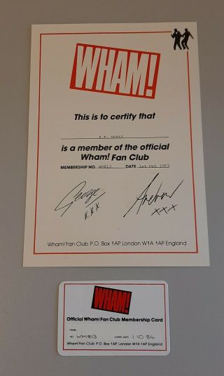 Wham Rare Official Fan Club Low Numbered Certificate & Matching Members Card