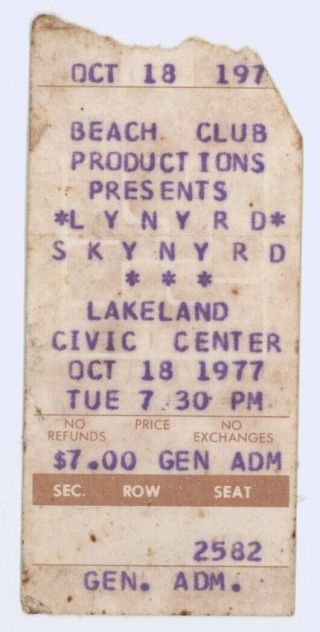 Mega Rare Lynyrd Skynyrd 10/18/77 Lakeland Fl Ticket Stub 2nd Last Show