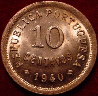 Rare Hi Grade Unc Red 1940 10 Centavos Portugal Detailed Coin