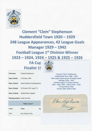 Clem Stephenson Huddersfield Town 1920 - 1929 Very Rare Autograph Cutting