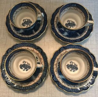 Set 4 Rare Early Booths Real Old Willow Blue Scale Cup Saucer China Chinoiserie