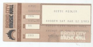 Rare Bette Midler 3/12/83 Nyc Ny Radio City Music Hall Concert Ticket Stub