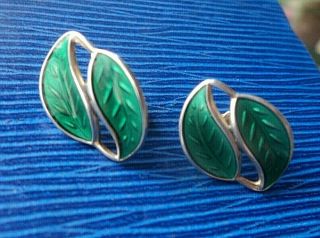 Rare Norwegian Silver & Green Enamel Leaf Pierced Earrings David Andersen Norway
