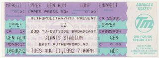 Rare U - 2 8/11/92 E Rutherford Nj Giants Stadium Concert Ticket U2