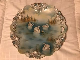 Rare Hand Painted Plate.  Swans And Pine Trees.  Marked Embossed 17