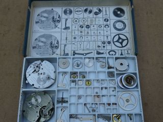 Cyma Cal.  R 10 Clock Parts Container Loaded & 2 Cyma Clock Movements Rare Find
