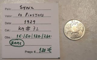 Syria 10 Piastres 1929 Silver - Excelent - Rare To Find - Uncirculated