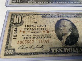 RARE 1929 $10 DOLLAR BILL NOTE OLD NATIONAL BANK EVANSVILLE IN.  CHARTER 12444 3
