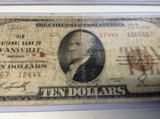 RARE 1929 $10 DOLLAR BILL NOTE OLD NATIONAL BANK EVANSVILLE IN.  CHARTER 12444 5