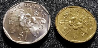 1987 Singapore 1 Dollars Coin 1 Big & 1 Small Size " Rare " (, 1 Coin) D6580