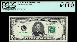Rare 1977a $5 Federal Reserve Star Note • Chicago • Frn • Pcgs 64ppq 1975 - G